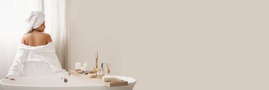 Unrecognizable Woman Sitting On Bathtub Back To Camera Enjoying Bodycare And Beauty Routine After Bathing In Modern Bathroom At Home. Spa And Wellness Concept. Panorama With Copy Space, Collage