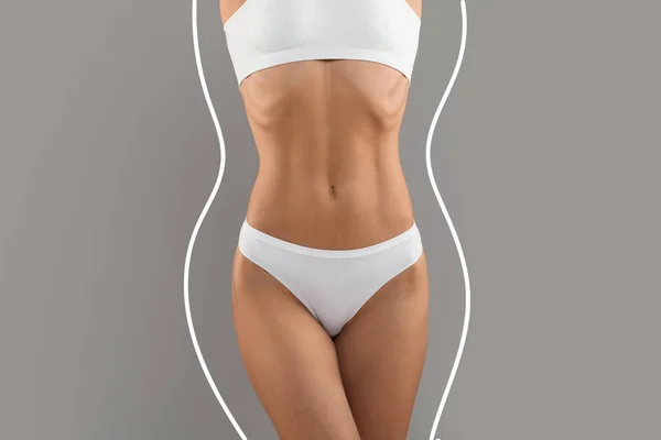 Weightloss Concept Slim Sporty Female Body Underwear Drawn Lines Collage —  Fotos de Stock