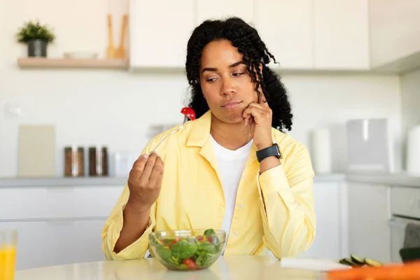 Dieting Concept Unhappy African American Woman Holding Fork Tomato Eating — 스톡 사진