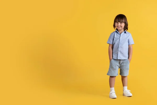 Special Offer Kids Adorable Little Boy Hands Pockets Smiling Camera — Stok fotoğraf