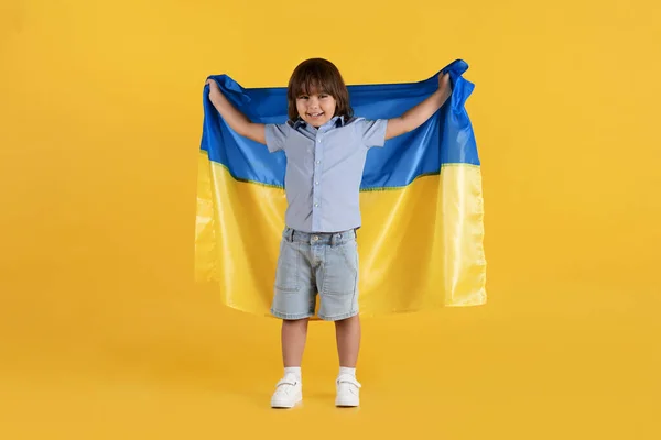 Little Patriot Happy Adorable Preteen Boy Posing Wit Ukrainian Flag — Stock fotografie