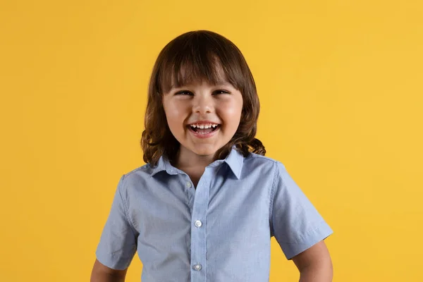 Happy Childhood Concept Adorable Positive Little Boy Laughing Cheerfully Looking — Stockfoto