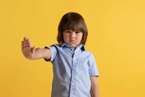 Bad Idea Studio Portrait Cute Displeased Little Boy Frowning Face — Stock Photo, Image