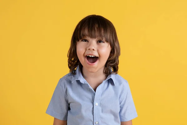 Great Offer Close Portrait Cute Little Excited Boy Feeling Surprised — Stok fotoğraf