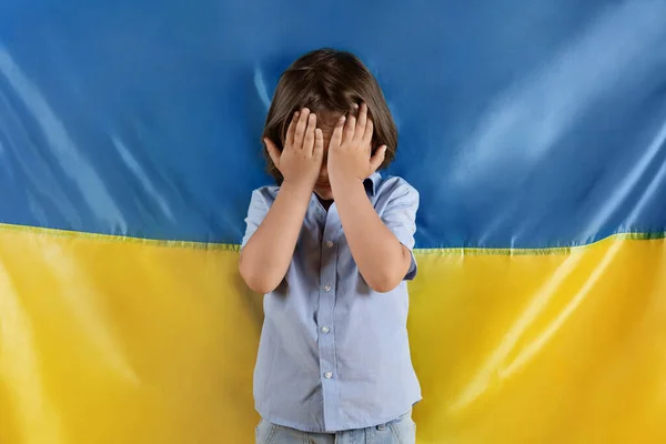 Stop Killing Kids War Little Scared Caucasian Boy Crying Hiding —  Fotos de Stock