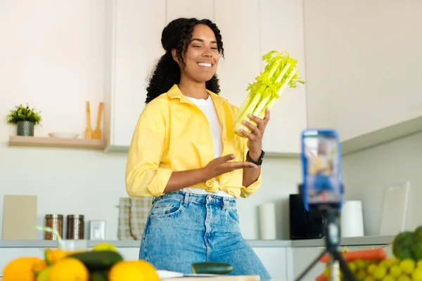 Young Black Lady Filming Content Kitchen Her Food Blog Using — 스톡 사진