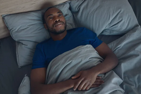 African American Man Lying Bed Awake Suffering Insomnia Resting Bedroom — Fotografia de Stock