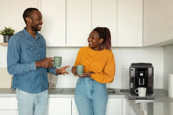 Young African American Spouses Drinking Morning Coffee Talking While Standing — Photo