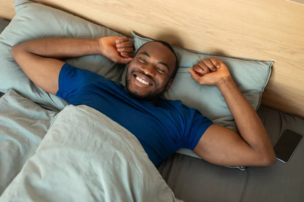 Cheerful African American Guy Stretching Good Sleep Smiling Looking Camera — Stock Photo, Image