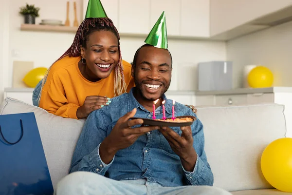 Happy African American Birthday Guy Holding Tasty Pie Lit Candles — Fotografia de Stock