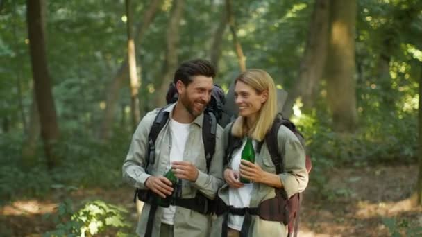 Couple Leisure Happy Middle Aged Man Woman Backpackers Walking Forest — Video