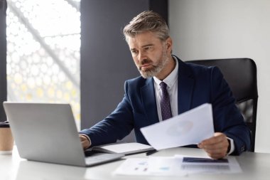 Busy Mature Businessman Working With Laptop And Documents In Office, Handsome Middle Aged Male Entrepreneur Sitting At Desk With Computer, Checking Company Financial Reports, Free Space