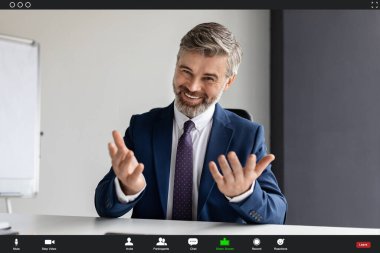 Handsome Mature Businessman Making Video Call From Office, Pov Screenshot. Smiling Middle Aged Entrepreneur In Suit Sitting At Desk And Talking At Camera, Enjoying Teleconference, Creative Collage
