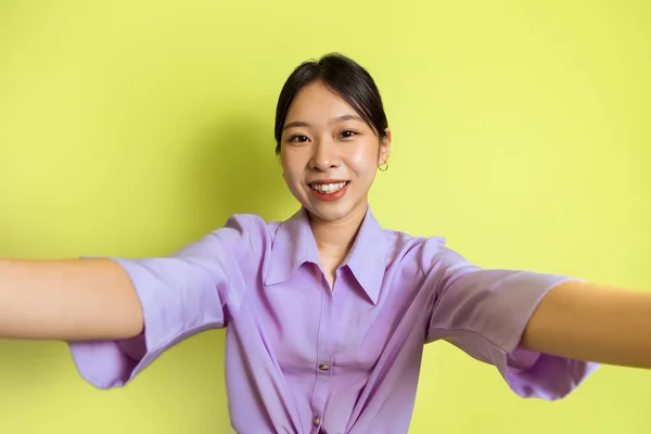 Happy Asian Lady Making Selfie Posing Smiling Camera Standing Yellow — Fotografia de Stock