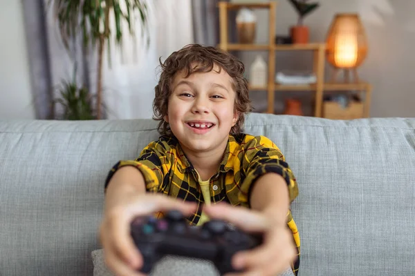 Exciting Hobby Close Portrait Emotional Little Boy Playing Video Games — Stockfoto