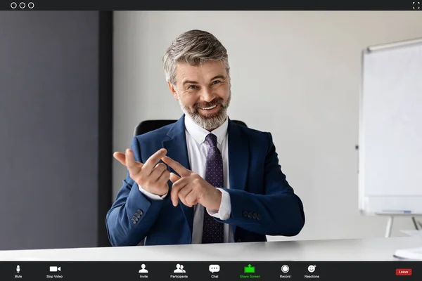 Online Consultancy. Pov Screenshot Of Handsome Middle Aged Businessman Making Video Call With Client From Office, Smiling Mature Manager In Suit Talking And Gesturing At Camera, Collage