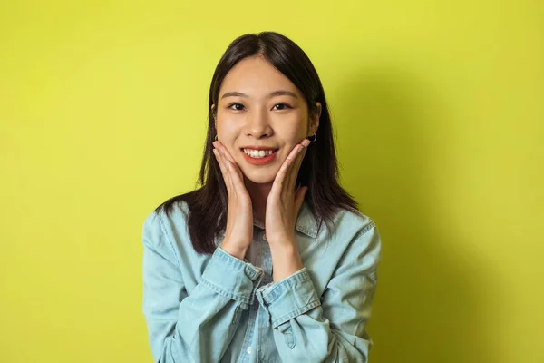 Portrait Cheerful Japanese Woman Touching Face Smiling Looking Camera Standing — Fotografia de Stock