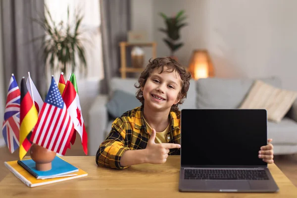 Sincere kid recommendation. Carefree little boy pointing at blank laptop screen, sitting at desk with various countries flags, enjoying online development, empty space