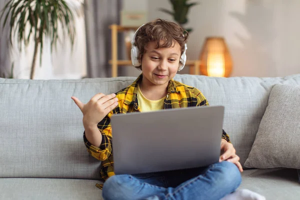 Distant Friendship Talkative Little Boy Enjoying Online Communication Friend Talking — Fotografia de Stock