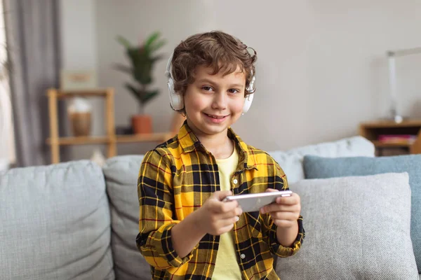 Little Gamer Indoors Portrait Cute Preteen Boy Wearing Headset Playing — Photo