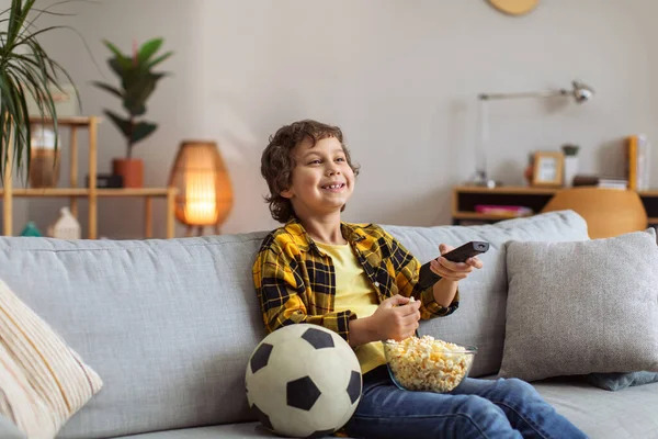 Digital Service Cute Little Boy Remote Controller Choosing Interesting Sport — Stock fotografie