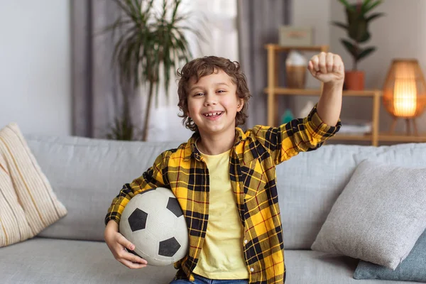 Football Fan Indoors Portrait Happy Little Boy Carrying Soccer Ball — Foto de Stock