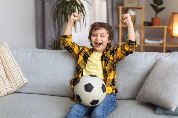 Goal Happy Little Boy Sport Supporter Watching Match Soccer Ball — Photo