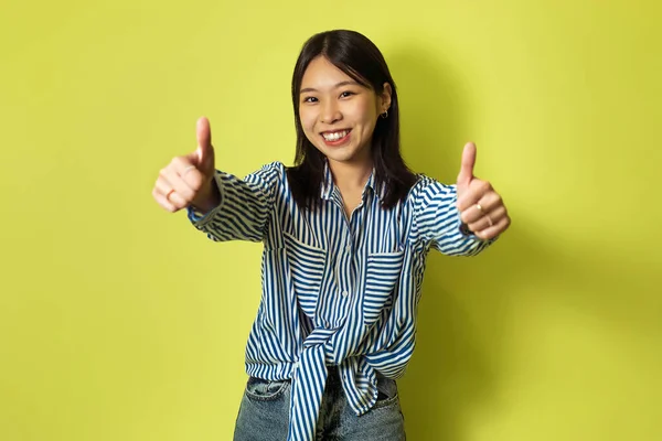 Cheerful Female Gesturing Thumbs Both Hands Smiling Looking Camera Posing — Stock Fotó
