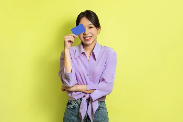 Cheerful Korean Female Holding Credit Card Face Closing Eye Having — 스톡 사진