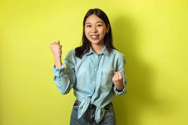 Cheerful Korean Female Gesturing Yes Both Hands Celebrating Success Standing — Stock Fotó