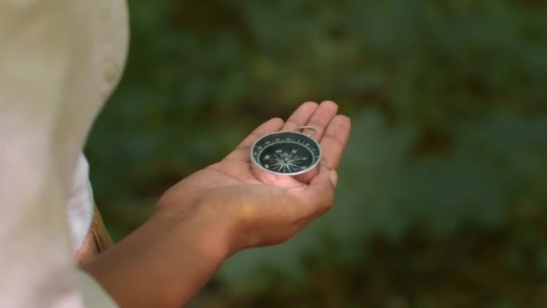 Woodland Orienteering Concept Close Shot Compass Female Hand Unrecognizable Woman — Stock Video