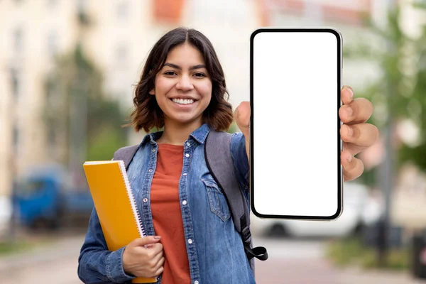 Arab Female Student Showing Big Blank Smartphone White Screen While — Stok fotoğraf