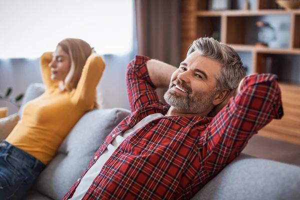 Cheerful Middle Aged Handsome European Man Woman Enjoy Rest Relaxation — Stok fotoğraf