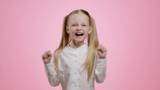 Cute Happy Little Girl Two Ponytails Enjoying Success Present Laughing — Vídeo de Stock