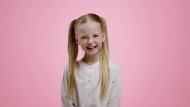 Sincere Kid Happiness Adorable Little Girl Two Ponytails Laughing Loud — 图库视频影像