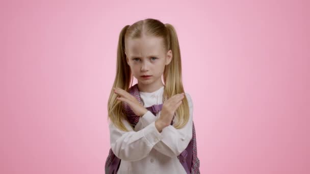 Stop Bullying School Studio Portrait Little Upset Schoolgirl Backpack Crossing — Stock videók