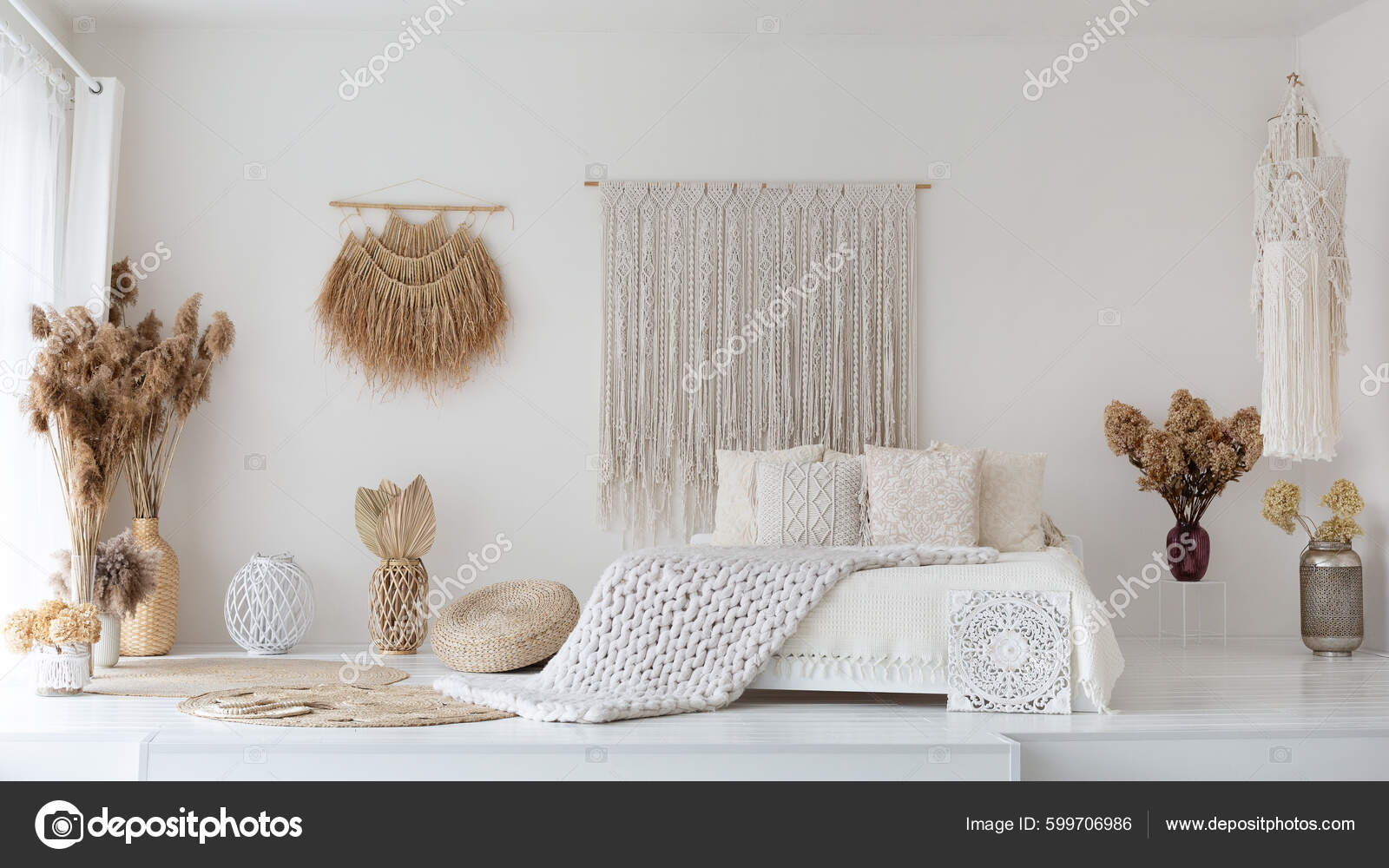 Cozy White Ethnic Bedroom Design Big Comfortable Bed White Sheets Stock  Photo by ©Milkos 599706986