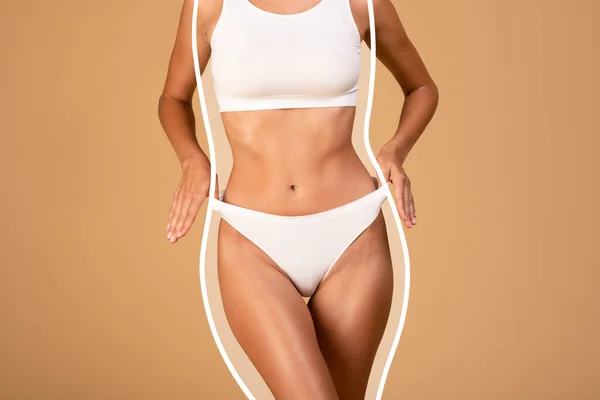 Body Shaping Concept Unrecognizable Fit Lady Wearing Lingerie Pulling White — Fotografia de Stock