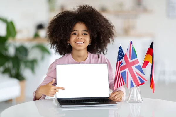Happy Black School Girl Bushy Hair Schooler Sitting Desk International — Stock Photo, Image