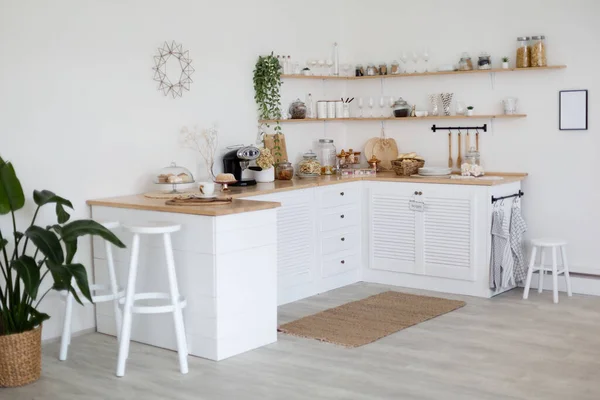 Light Stylish Kitchen Daylight Simply Minimalist Scandinavian Interior White Furniture — Stock Fotó