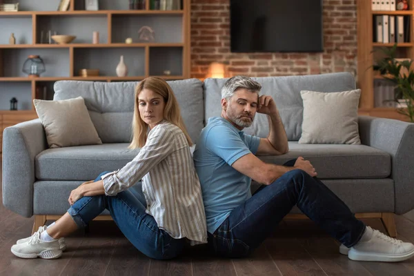 Unhappy Mature Caucasian Male Beard Ignores Offended Woman Sit Floor — Photo
