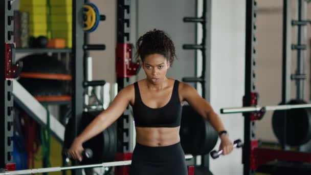 Intensive Workout Concentrated Strong African American Woman Athlete Lifting Dumbbells — Vídeo de Stock