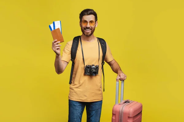Happy Middle Aged Man Holding Passport Tickets Standing Suitcase Backpack — Stock Photo, Image