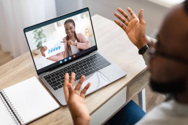 Remote Meeting. Man Having Web Conference On Laptop With Female Business Partner While Sitting At Desk At Home, Discussing Company Financial Statistics, Woman Showing Graphs And Charts, Collage