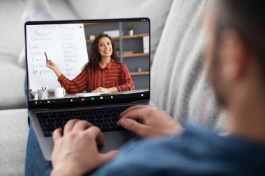 Online Tutoring Concept. Man Having Virtual Lesson With Female English Tutor, Male Student Sitting On Couch With Laptop At Home, Enjoying Remote Study And Distance Learning, Creative Collage
