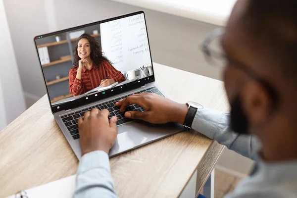 Black Man Using Laptop Computer Online English Lessons Female Tutor — Stock Photo, Image
