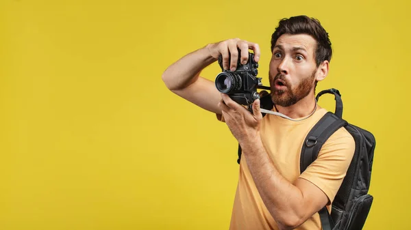 Going Vacation Emotional Male Tourist Camera Posing Yellow Studio Background — Foto de Stock