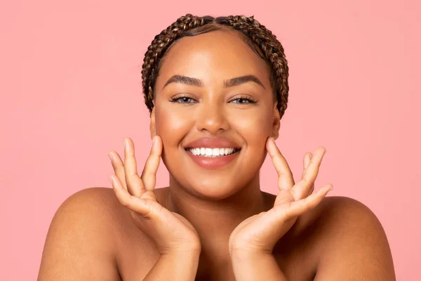 Facial Skincare Attractive Black Woman Touching Face Moisturizing Smooth Skin — Stok fotoğraf