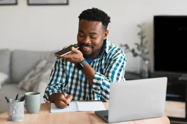 African American Male Talking Holding Smartphone Mouth Using Voice Search — Foto Stock