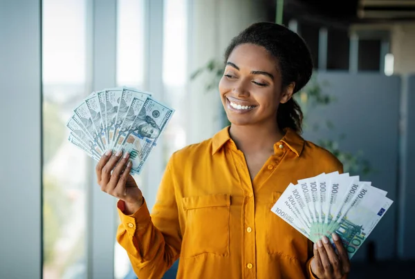Portrait Excited Businesswoman Holding Bunches Dollar Cash Smiling Posing Office —  Fotos de Stock